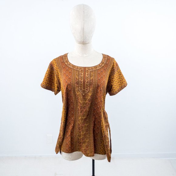 Vintage 70s M Silk Hippy Print Blouse Brown Tan - Picture 8 of 8